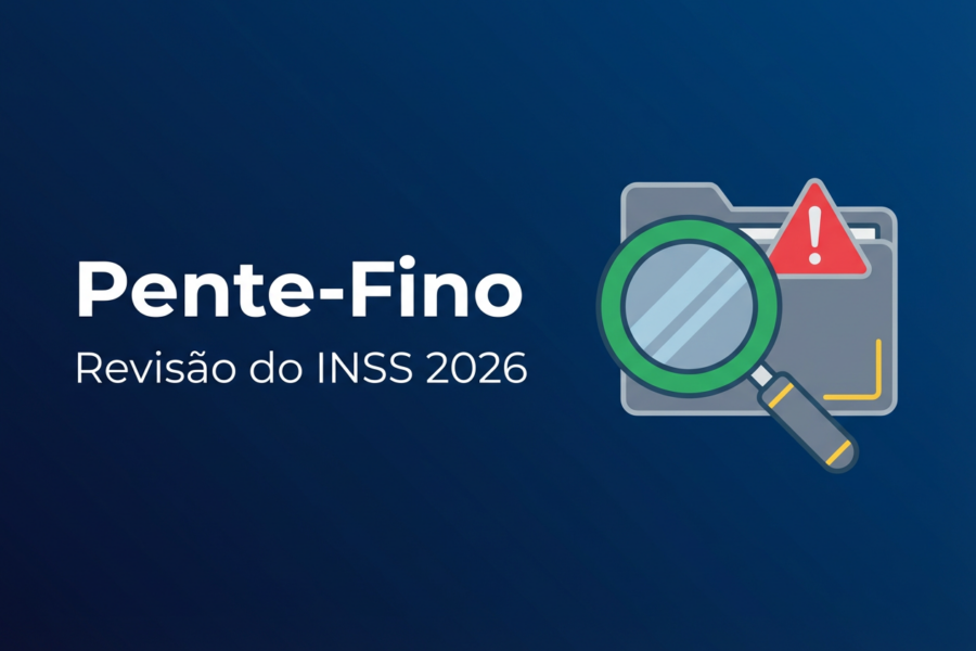 Imagem ilustrativa de uma lupa analisando documentos oficiais e um alerta de revisao do INSS 2026