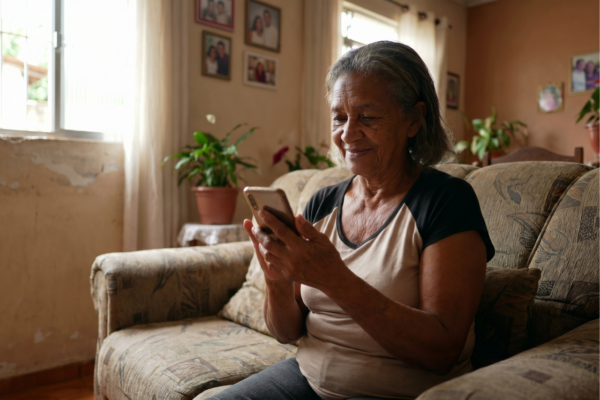 Idosa consultando o BPC LOAS 2026 no celular em casa