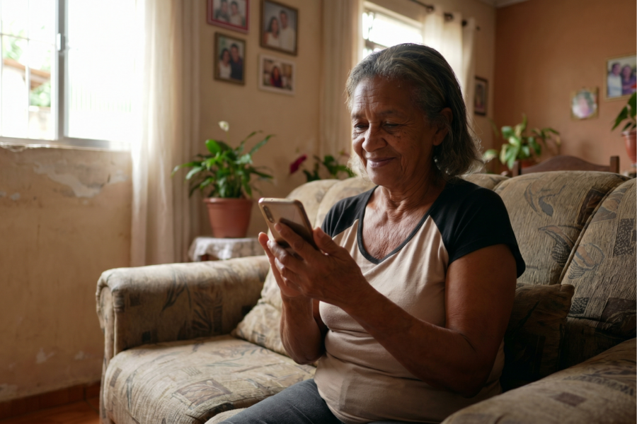 Idosa consultando o BPC LOAS 2026 no celular em casa
