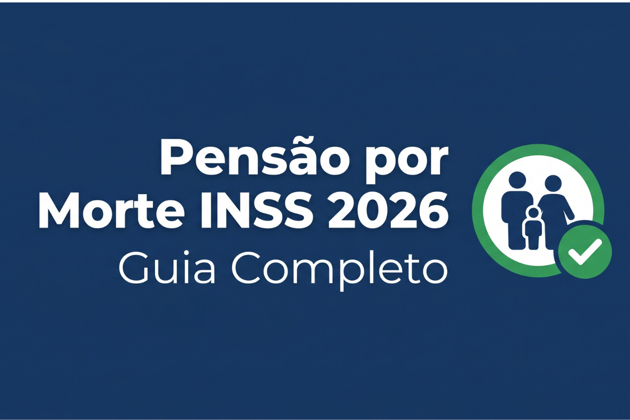 Capa profissional para blog com fundo azul marinho exibindo o texto centralizado Pensao por Morte INSS 2026 Guia Completo e um icone de protecao familiar ao lado