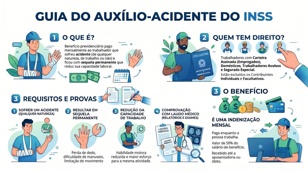 Quem recebe auxílio-acidente pode trabalhar de carteira assinada em 2026? Entenda a regra 1 Quem recebe auxílio-acidente pode trabalhar de carteira assinada em 2026? Veja a resposta certa, quem tem direito, como funciona o benefício e os erros que mais causam negativa no INSS.