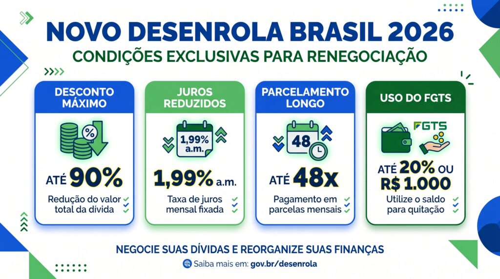 Novo Desenrola Brasil 2026: como negociar sua dívida com desconto de até 90% e usar o FGTS 1 condições novo desenrola brasil 2026 desconto juros parcelas FGTS