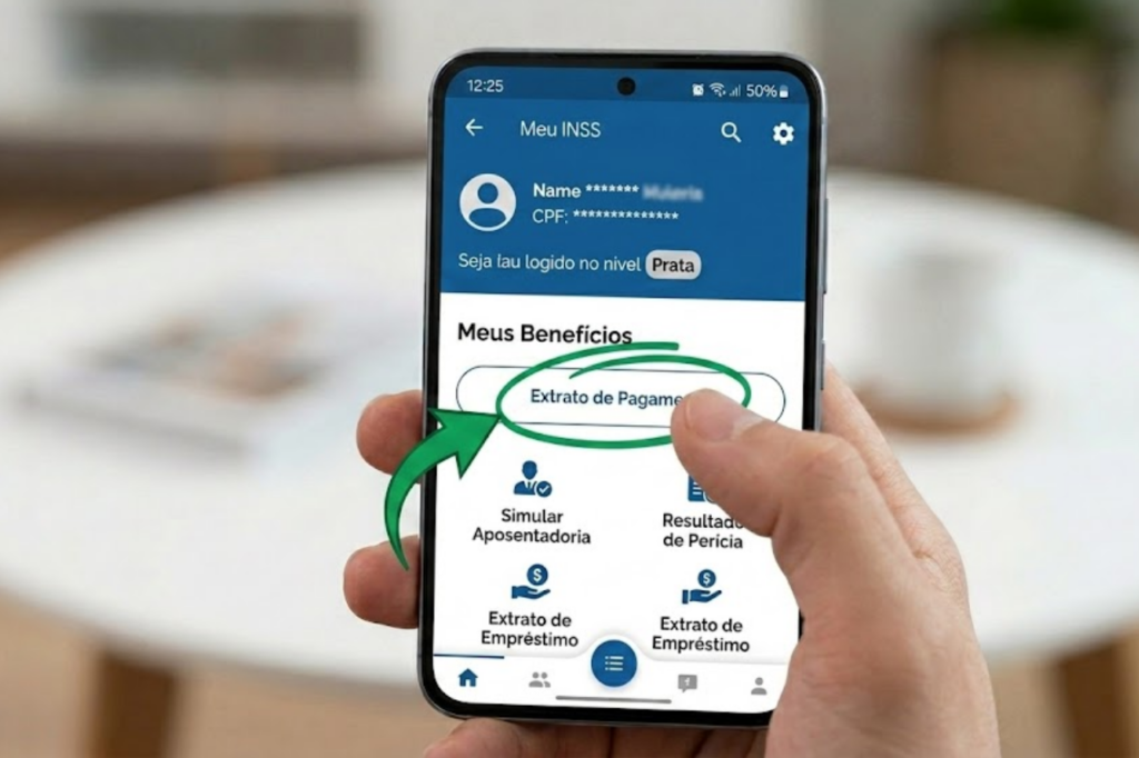 Foto em close-up, seguindo o padrão visual das imagens anteriores, de uma mão segurando um smartphone. A tela exibe o aplicativo Meu INSS já logado, com a interface do usuário ativa. O botão azul escrito "Extrato de Pagamento" está centralizado e destacado, com o polegar do usuário pronto para clicar, demonstrando como acessar o comprovante de pagamento no final do tutorial.