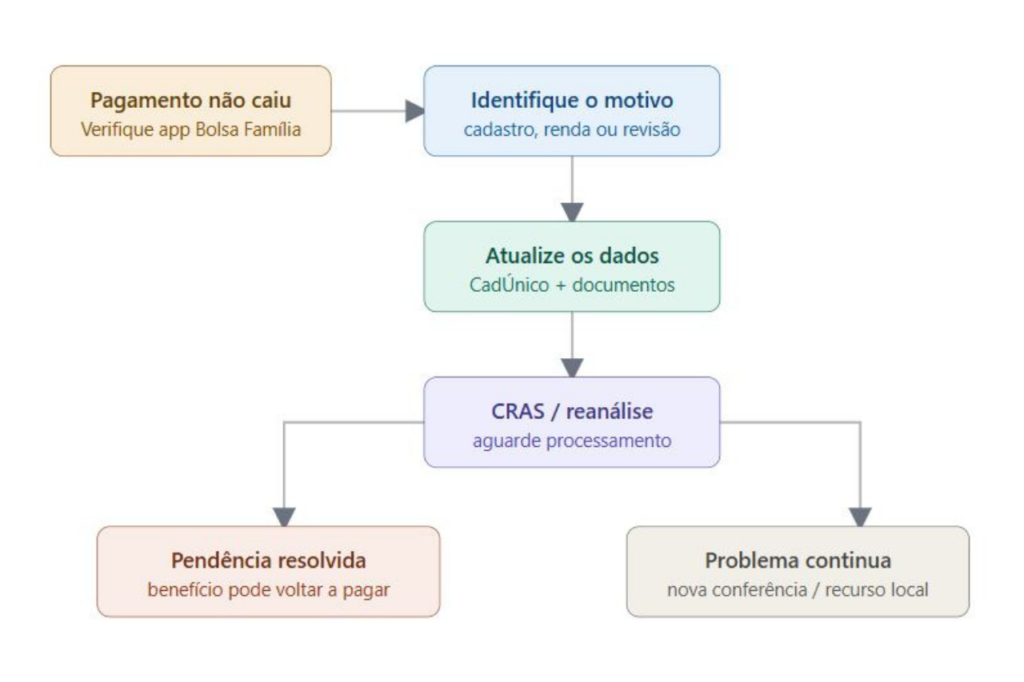 Infográfico com o fluxograma de 5 etapas para desbloquear o Bolsa Família em 2026: identifica o motivo do pagamento não ter caído, atualiza os dados no CadÚnico com documentos, passa pela reanálise no CRAS e chega à resolução da pendência para o retorno do benefício.