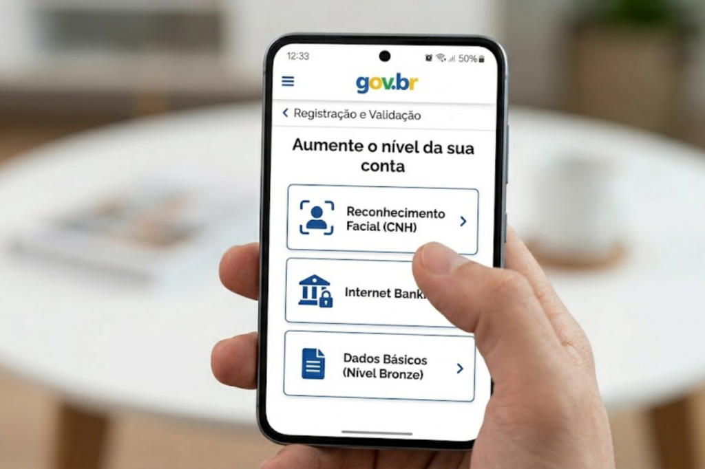 Foto em close-up, com estilo visual idêntico à Imagem 1, mostrando uma mão segurando um smartphone. A tela do celular exibe a interface de cadastro oficial Gov.br com o título "Aumente o nível da sua conta". As opções de validação por "Reconhecimento Facial (CNH)" e "Internet Banking" estão claramente visíveis com seus ícones, e o polegar do usuário está posicionado para selecionar uma delas.
