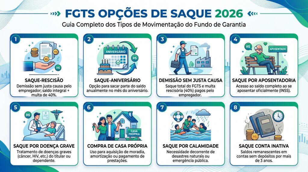FGTS 2026: guia completo de saque, modalidades, rendimento e como consultar 1 FGTS 2026 completo: todas as modalidades de saque, calendário do saque-aniversário, quanto rende, como consultar pelo celular e o que mudou em 2026.