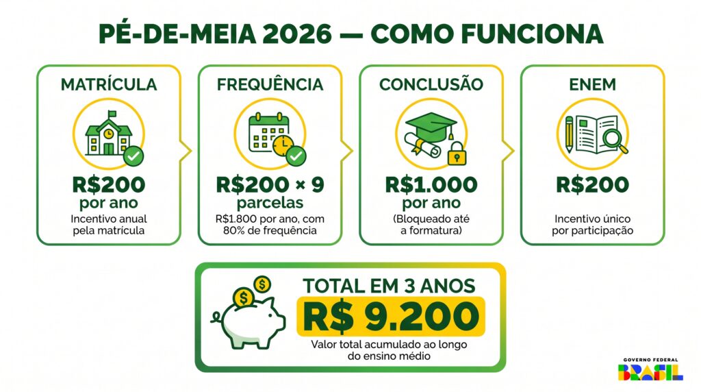 Pé-de-Meia 2026: guia completo de quem tem direito, valores, calendário e como não perder nenhuma parcela. 1 como funciona o Pé-de-Meia 2026 incentivos matrícula frequência conclusão ENEM valores