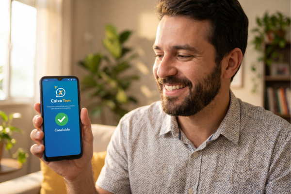 Homem sorridente segurando smartphone que mostra o layout azul do aplicativo Caixa Tem com um ícone de confirmação de transação na tela.