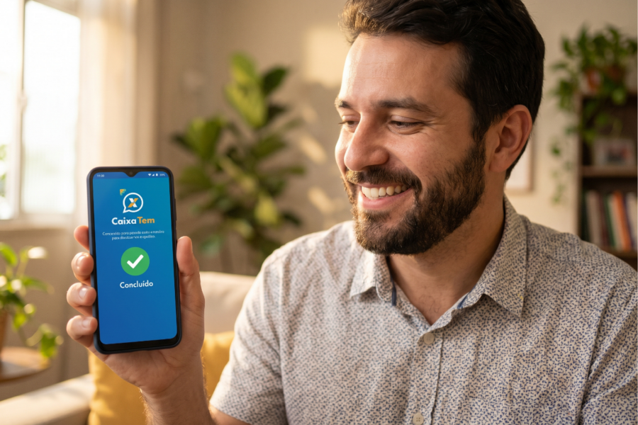 Homem sorridente segurando smartphone que mostra o layout azul do aplicativo Caixa Tem com um ícone de confirmação de transação na tela.