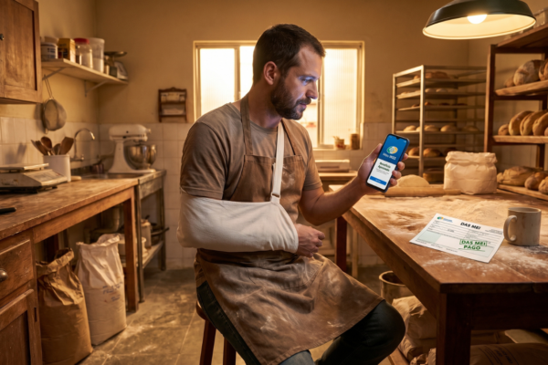 Homem com avental de padeiro e braço na tipoia olha aliviado para o celular com o app Meu INSS aberto, ao lado de um boleto do MEI na mesa da cozinha.