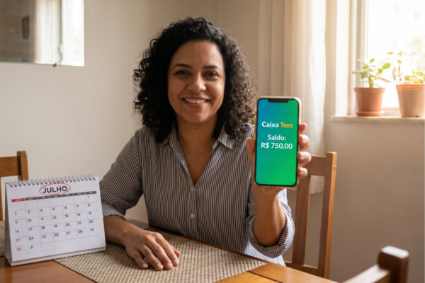 Mulher sorridente segura celular com tela verde de saldo bancário ao lado de um calendário de julho marcado com caneta vermelha.