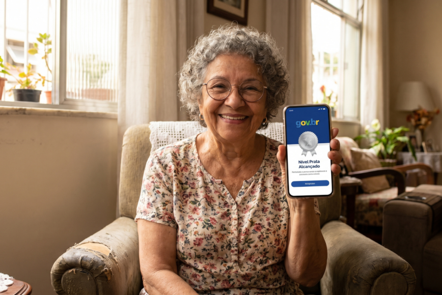 Senhora idosa e sorridente segurando o celular que mostra a tela do aplicativo Gov.br confirmando o nível prata de segurança atingido.