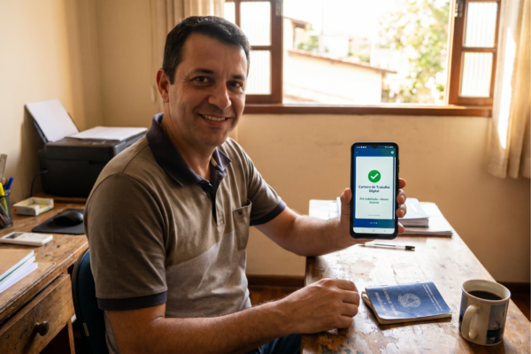 Trabalhador sorrindo ao segurar um celular com o aplicativo da Carteira de Trabalho Digital mostrando o PIS habilitado, com a carteira física azul na mesa.