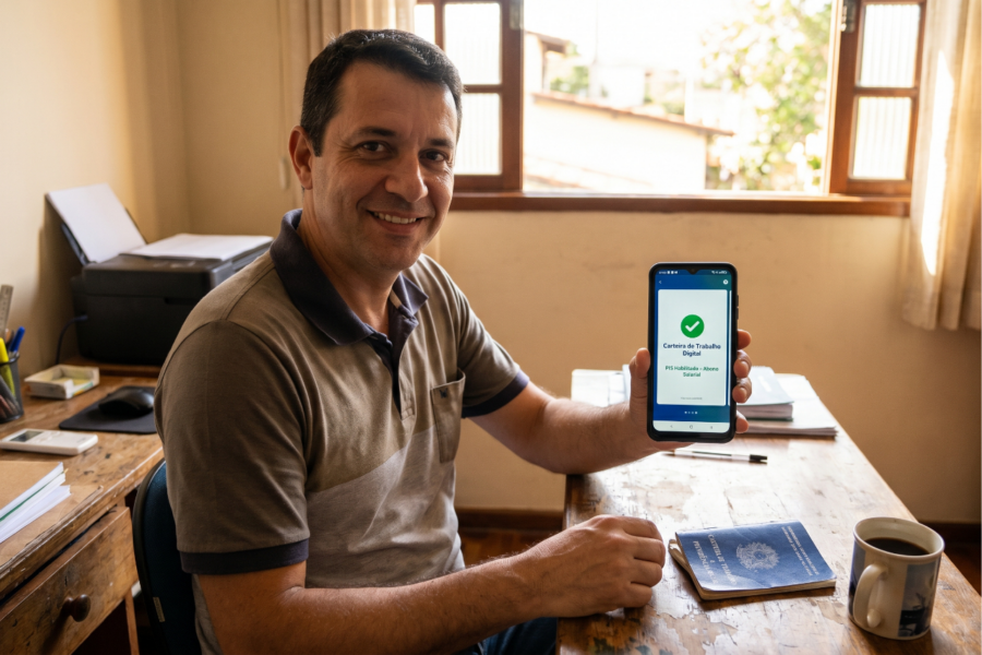 Trabalhador sorrindo ao segurar um celular com o aplicativo da Carteira de Trabalho Digital mostrando o PIS habilitado, com a carteira física azul na mesa.