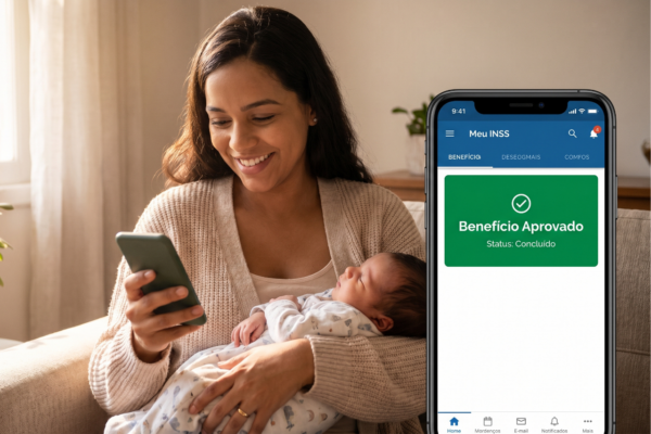 Mulher sorridente no sofá segurando um bebê recém-nascido no colo e um smartphone mostrando o aplicativo do INSS com mensagem de aprovação.