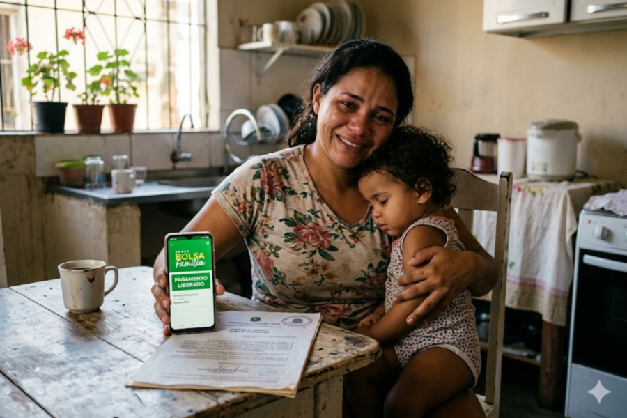 Mãe abraçada com seu filho pequeno olhando com alívio para o aplicativo do Bolsa Família no celular ao lado de um documento de pensão judicial.