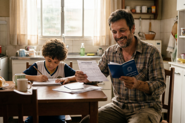 Pai sorridente com roupas de trabalho olhando o contracheque e a carteira azul ao lado do seu filho pequeno que faz lição de casa.