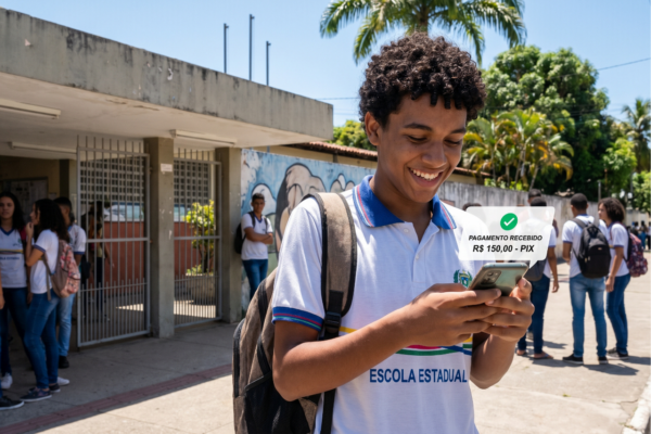 estudante do ensino médio público recebendo pagamento do Pé-de-Meia 2026 pelo celular