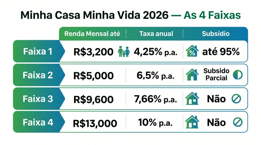  Minha Casa Minha Vida 2026: veja as 4 faixas atualizadas, taxas de juros, subsídio de até 95%, valor máximo do imóvel e passo a passo para se inscrever pela Caixa.